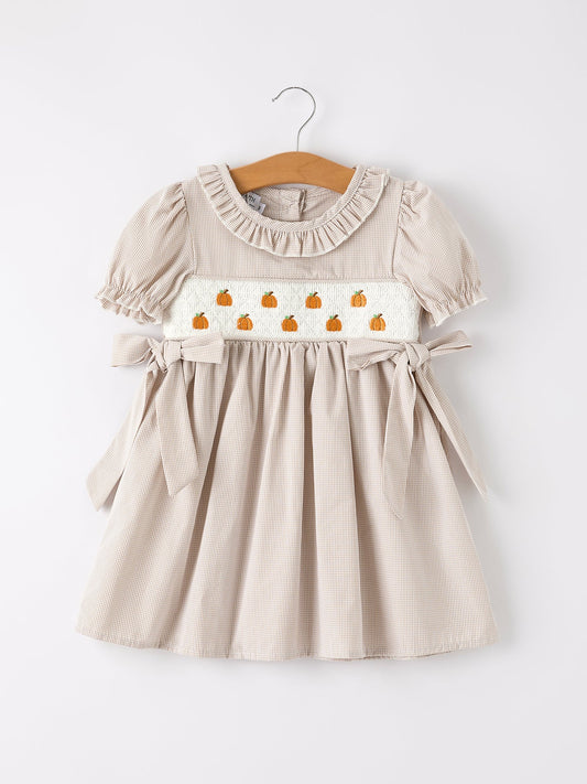 Fall Halloween & Thanksgiving Pumpkin Embroidery Smock Plaid Girls Dress