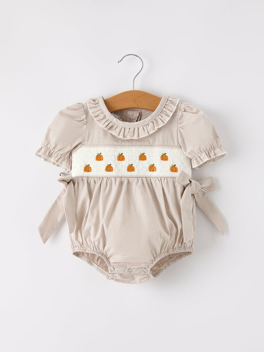 Fall Halloween & Thanksgiving Pumpkin Embroidery Smock Plaid Baby Girl Romper