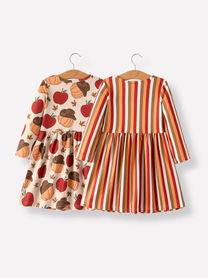 2 Piece Thanksgiving Pumpkin Stripe Print Girls Dress Set