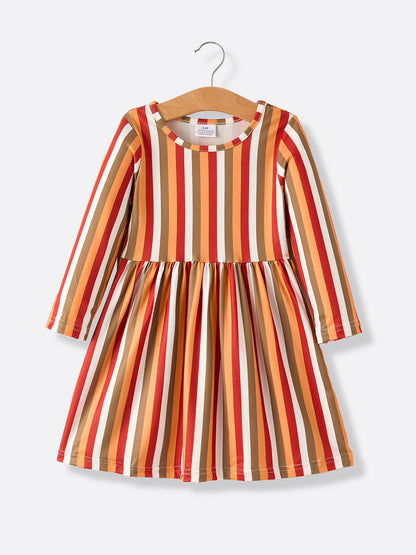 2 Piece Thanksgiving Pumpkin Stripe Print Girls Dress Set