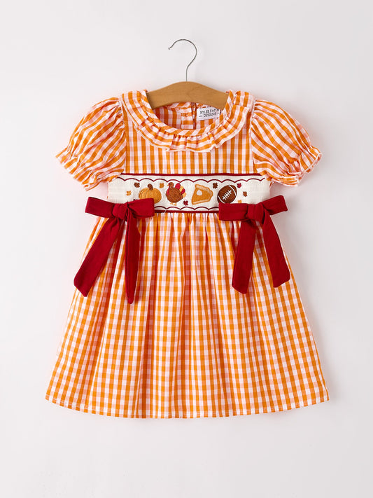 Fall Embroidered Dress for Girls – Orange Checkered with Halloween Details