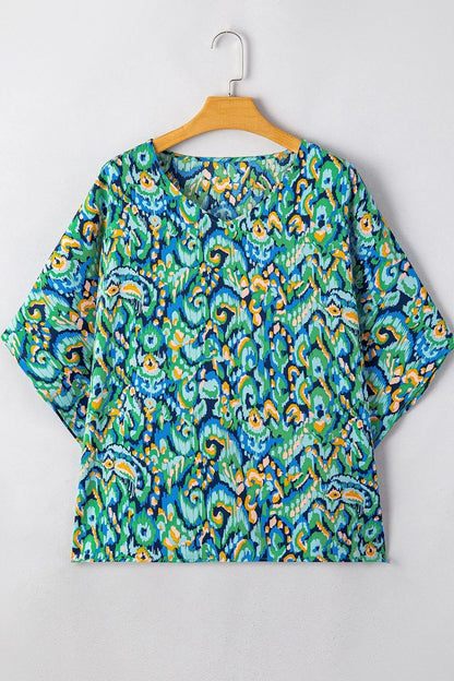 Abstract Print V Neck Half Sleeve Loose Fit Blouse