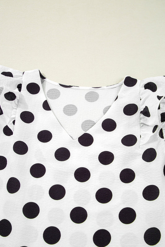 White Polka Dot Print V Neck Ruffle Blouse