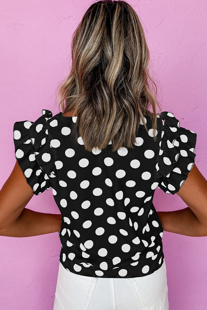 White Polka Dot Print V Neck Ruffle Blouse