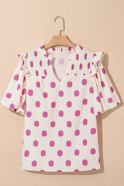 Black Polka Dot Print Smocked Notched Neck Balloon Sleeve Blouse
