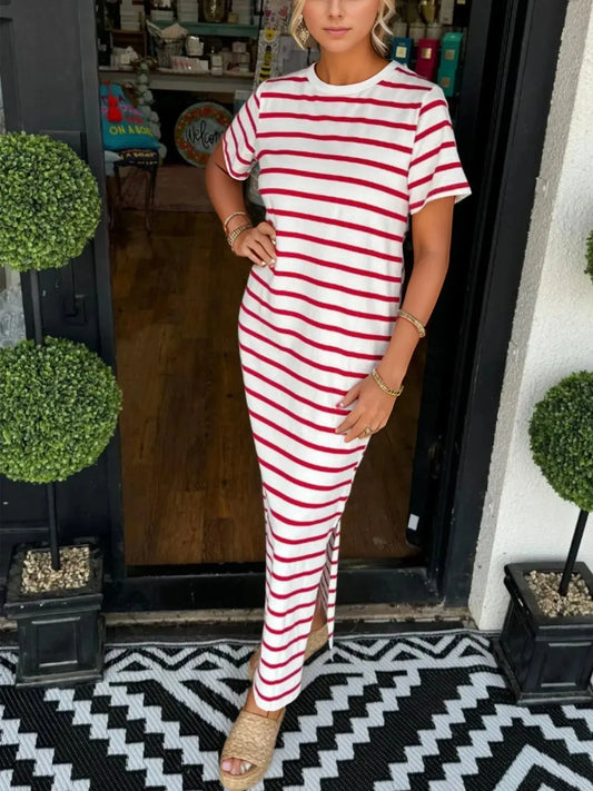Full Size T-Shirt Striped Maxi Dress with Side Slit