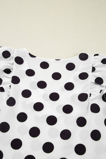 White Polka Dot Print V Neck Ruffle Blouse