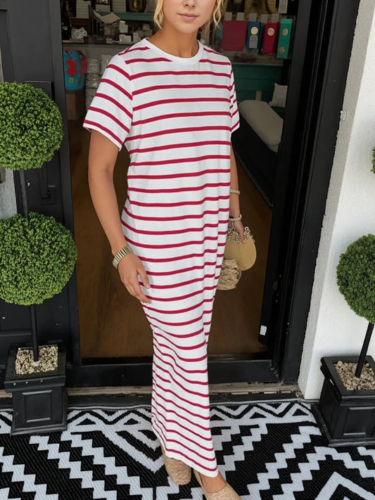 Full Size T-Shirt Striped Maxi Dress with Side Slit