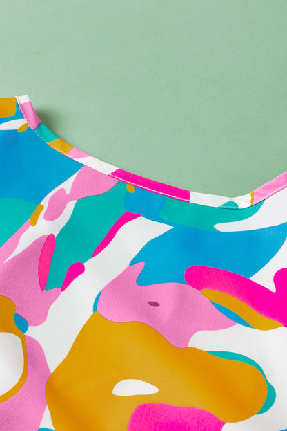 Multicolour Abstract Print Smocked Notched Neck Ruffle Blouse