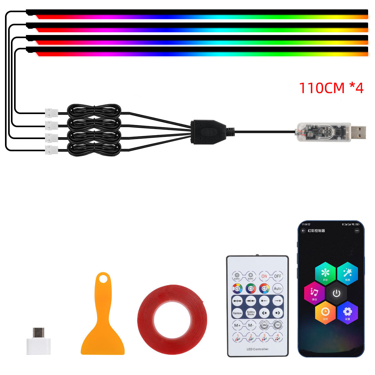 10 in 1 Car LED Acrylic Light Strip RGB Symphony Auto Interior Strip Lights Remote/APP Control Decorative Atmosphere Lamp