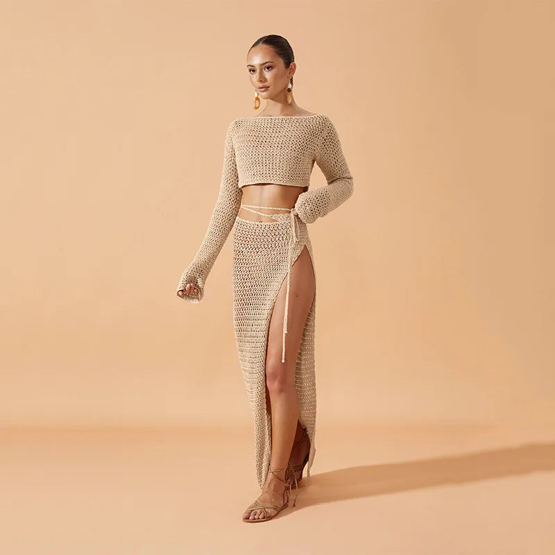 2024 new Women Summer 2PCS Beachwear Bikini Cover-Ups Sexy Long Sleeve Knitted Hollow Crop Tops + Split Long Skirt Crocheted Set