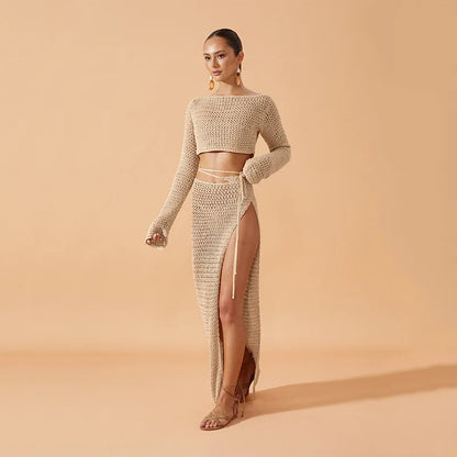 2024 new Women Summer 2PCS Beachwear Bikini Cover-Ups Sexy Long Sleeve Knitted Hollow Crop Tops + Split Long Skirt Crocheted Set
