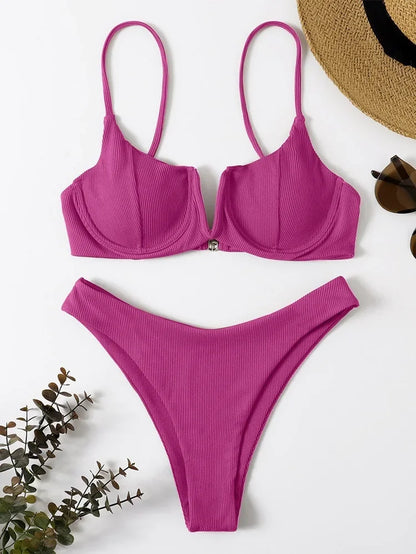 2024 Sexy Ribbed Underwired Swimsuit Women Solid Color V-neck Push Up Padded 2-piece Bikini High Cut Bathing Suit Beach Swimwear