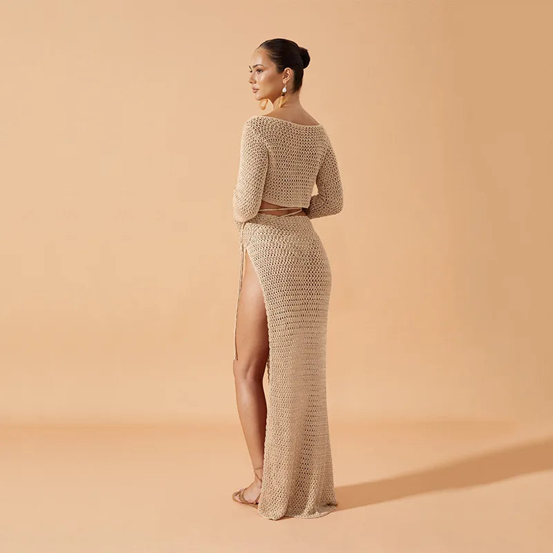 2024 new Women Summer 2PCS Beachwear Bikini Cover-Ups Sexy Long Sleeve Knitted Hollow Crop Tops + Split Long Skirt Crocheted Set