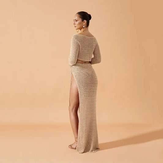 2024 new Women Summer 2PCS Beachwear Bikini Cover-Ups Sexy Long Sleeve Knitted Hollow Crop Tops + Split Long Skirt Crocheted Set