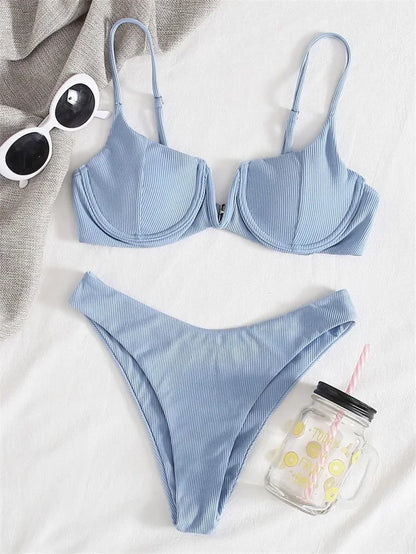 2024 Sexy Ribbed Underwired Swimsuit Women Solid Color V-neck Push Up Padded 2-piece Bikini High Cut Bathing Suit Beach Swimwear
