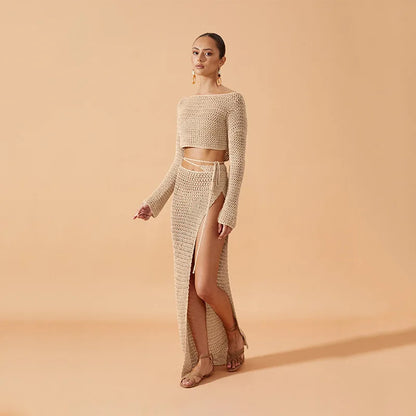 2024 new Women Summer 2PCS Beachwear Bikini Cover-Ups Sexy Long Sleeve Knitted Hollow Crop Tops + Split Long Skirt Crocheted Set
