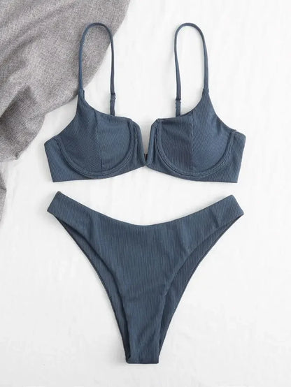 2024 Sexy Ribbed Underwired Swimsuit Women Solid Color V-neck Push Up Padded 2-piece Bikini High Cut Bathing Suit Beach Swimwear