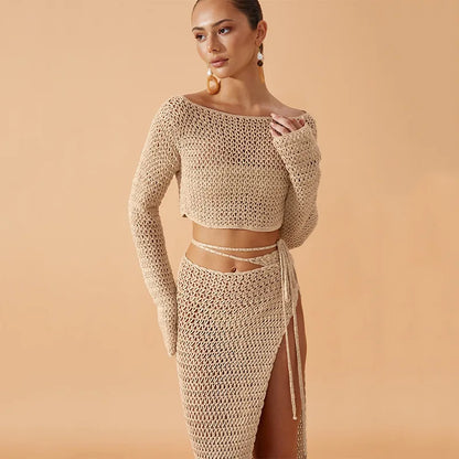 2024 new Women Summer 2PCS Beachwear Bikini Cover-Ups Sexy Long Sleeve Knitted Hollow Crop Tops + Split Long Skirt Crocheted Set