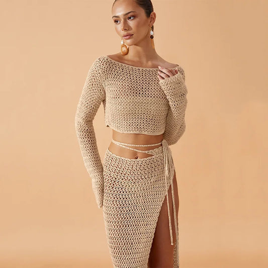 2024 new Women Summer 2PCS Beachwear Bikini Cover-Ups Sexy Long Sleeve Knitted Hollow Crop Tops + Split Long Skirt Crocheted Set