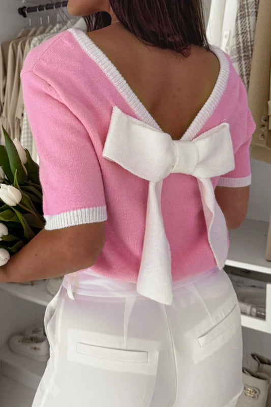 Bow Back Round Neck Short Sleeve Knit Top