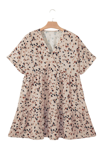 Beige Abstract Print Surplice V Neck Cuffed Sleeve Empire Waist Plus Size Dress