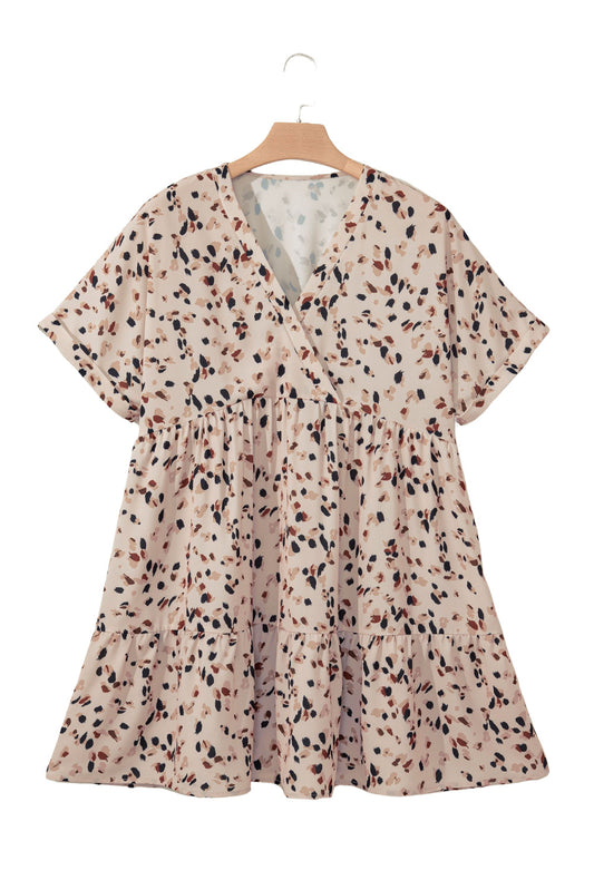 Beige Abstract Print Surplice V Neck Cuffed Sleeve Empire Waist Plus Size Dress