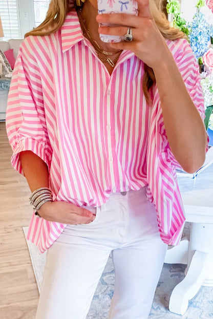 Sky Blue Stripe Dolman Sleeve Oversized Blouse