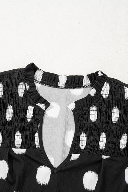 Black Polka Dot Print Smocked Notched Neck Balloon Sleeve Blouse
