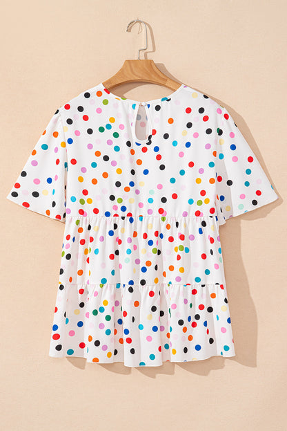 White Colorful Polka Dot Short Sleeve Tiered Ruffle Babydoll Blouse