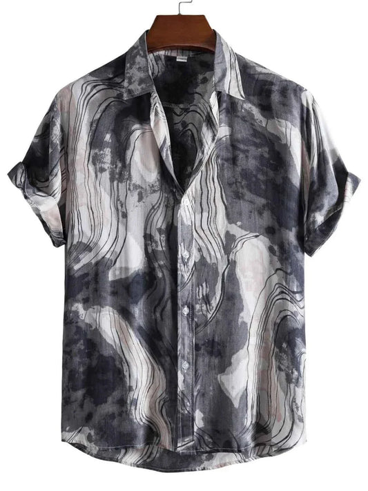 Abstract Marble Print Short Sleeve Button-Up Shirt