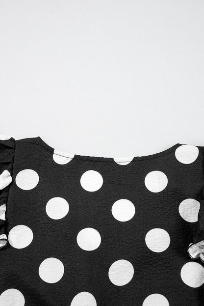 White Polka Dot Print V Neck Ruffle Blouse