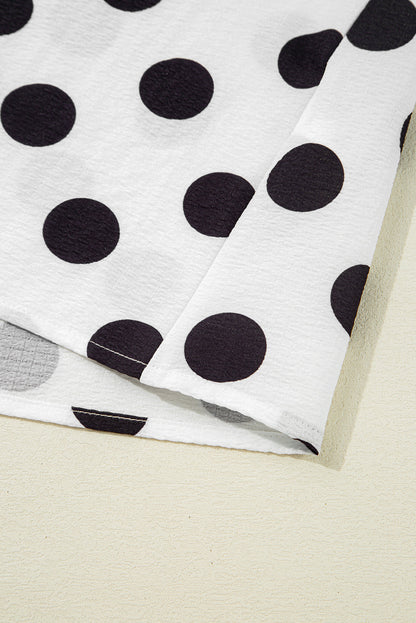 White Polka Dot Print V Neck Ruffle Blouse