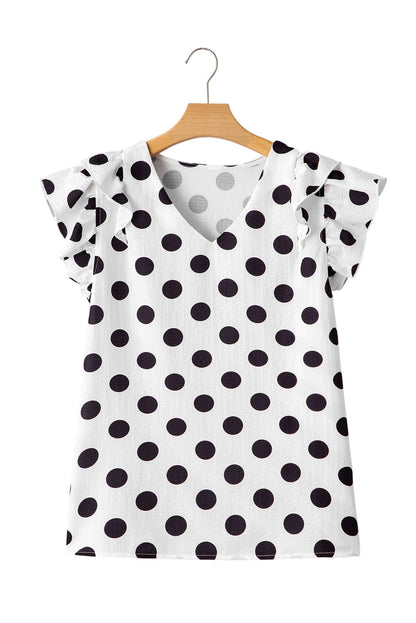 White Polka Dot Print V Neck Ruffle Blouse