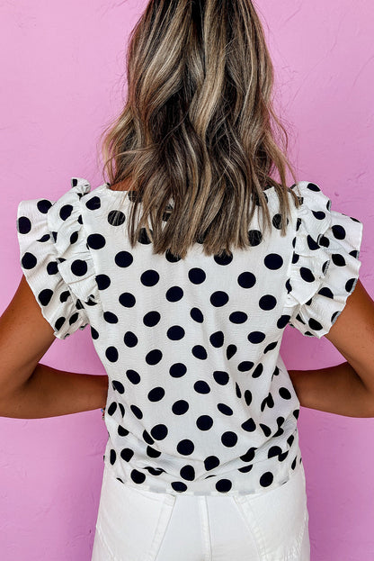 White Polka Dot Print V Neck Ruffle Blouse